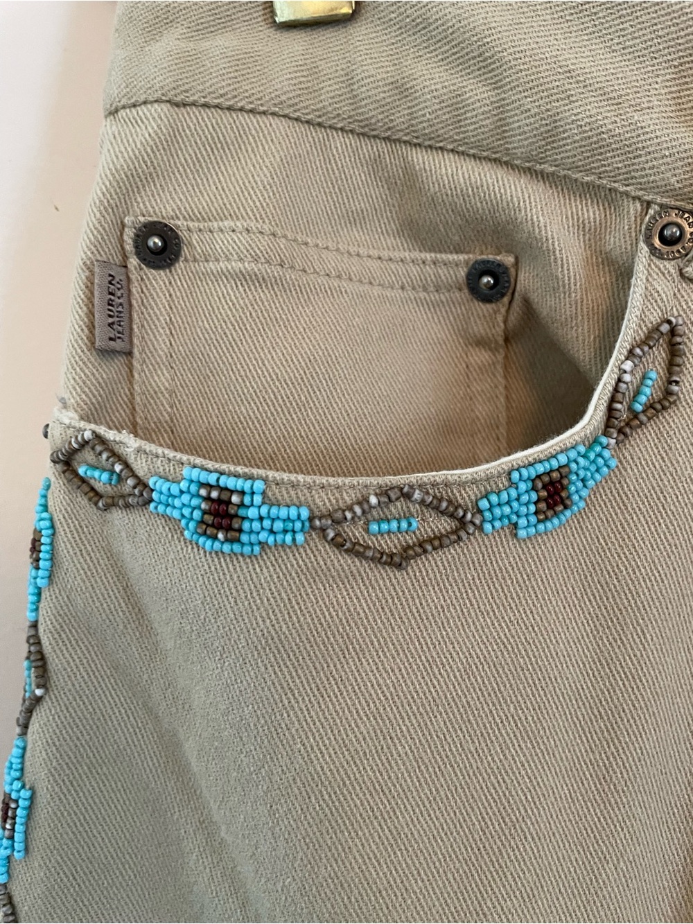 Ralph Lauren Jeans Co. Vintage Tan Jeans w Turquoise Beading Size 12 Made in HK - Picture 3 of 15